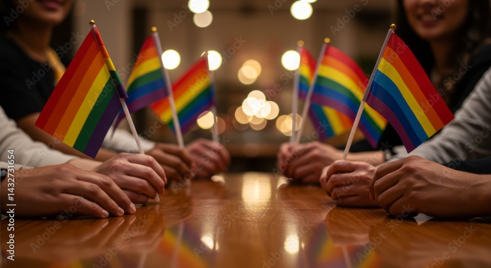 Group of diverse people holding small rainbow flags over a glossy wooden table with blurry lights behind, symbolizing lgbtq community pride and support for pride month celebration.