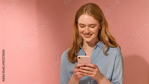 Young woman smiling while looking at her smartphone
