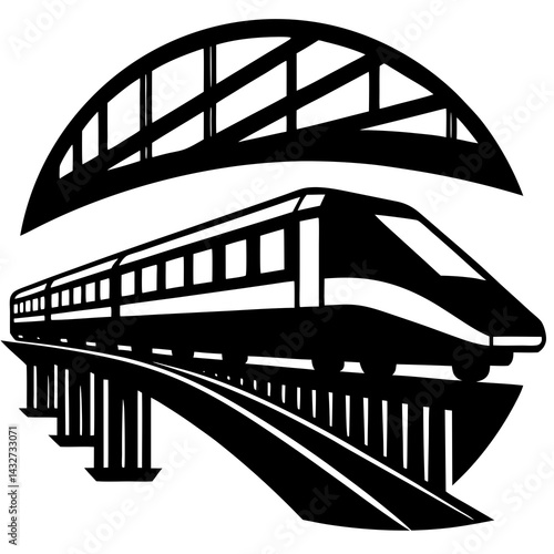 Silhouette of a modern bullet train speeding along a bridge