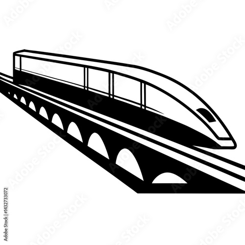 Silhouette of a modern bullet train speeding along a bridge