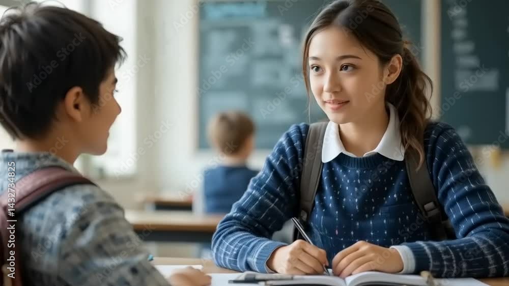 Two students engaged in a lively discussion at a classroom desk, with educational materials in the background Two students engaged in a lively discussion at a classroom desk, with educational materials in the background