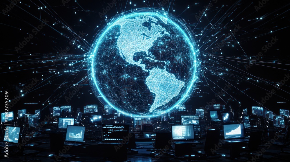 Fototapeta premium Global network data, digital sphere, server room, analytics