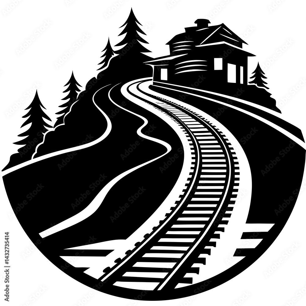 Fototapeta premium Silhouette of a railway track curving around a hill with a train approaching