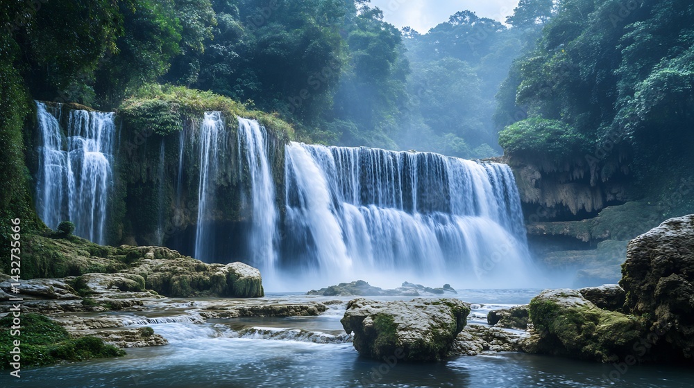 Naklejka premium Serene Waterfall: Lush Greenery, Misty Tranquility, and Cascading Water