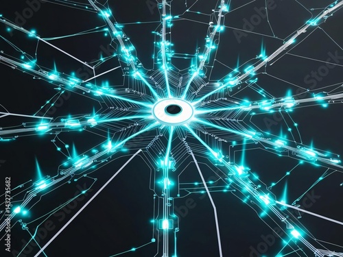 Futuristic Glowing Network Core with Cyan Light Trails