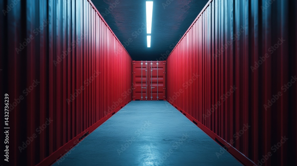 A narrow corridor lined with vibrant red shipping containers, illuminated by a bright overhead light, creating a striking visual contrast. A narrow corridor lined with vibrant red shipping containers, illuminated by a bright overhead light, creating a striking visual contrast.