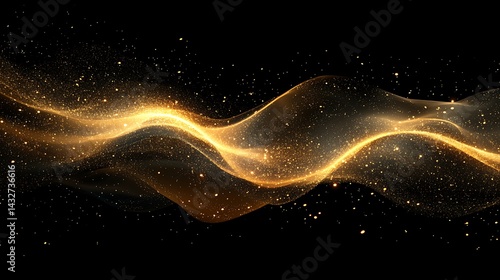 Abstract golden wave with sparkling particles on a black background