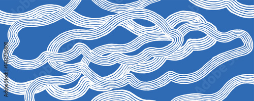 Hand drawn brush line abstract clouds background in white and blue, Japanese and ethnic folk wood carving, block print texture pattern, simple graphic for textile, carpet 