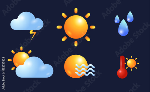 Sun icon set. Weather icons. Vector 3D design. Collection of sun stars, clouds, lightnings and rain for use in as logo or weather icon. Cartoon illustration in plastic minimal style, isolated objects