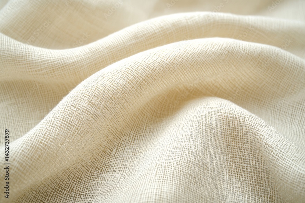 Close-up view of soft, light beige linen fabric draped in gentle folds. Close-up view of soft, light beige linen fabric draped in gentle folds.