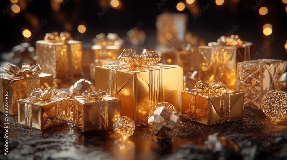 Golden presents are displayed with bokeh background and sparkling ornaments. Great for holiday season posts, ads or any festive celebration. Golden presents are displayed with bokeh background and sparkling ornaments. Great for holiday season posts, ads or any festive celebration.