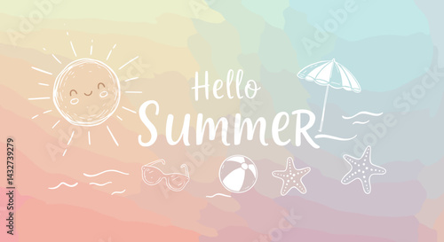 Summer Vibes Illustration with Sun, Beach Ball, and Starfish  
