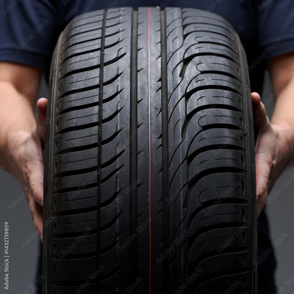 A pair of hands carefully hold a modern car tire, showing off the tread pattern. The focus is sharply on the center of the tread, with the hands slightly out of focus in the foreground and bac A pair of hands carefully hold a modern car tire, showing off the tread pattern. The focus is sharply on the center of the tread, with the hands slightly out of focus in the foreground and bac