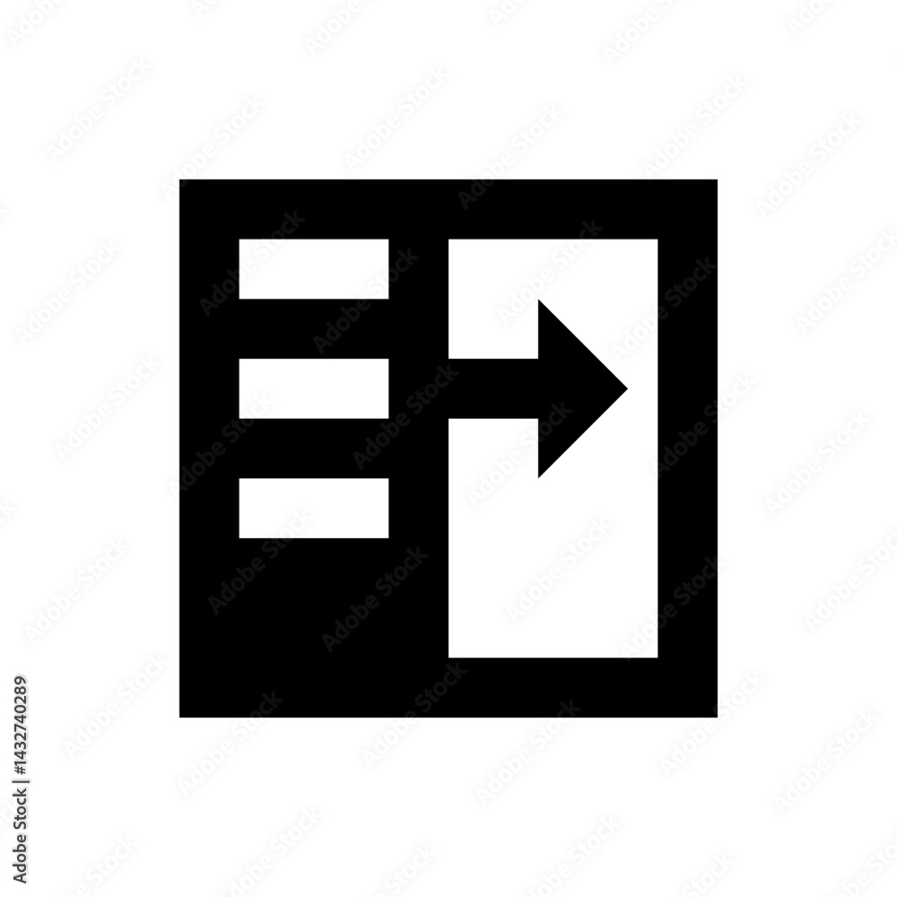 Black square with horizontal lines on the left and a right pointing arrow on the right side of the square Black square with horizontal lines on the left and a right pointing arrow on the right side of the square