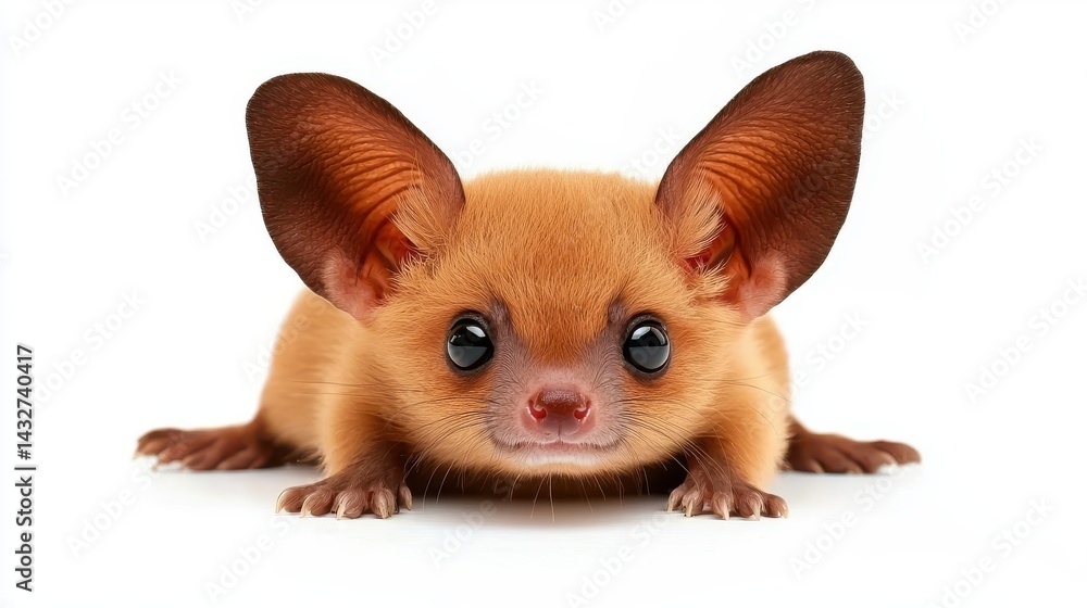 Fototapeta premium An adorable baby rodent with large ears and bright eyes sits against a clean white background perfect for children's book illustrations or pet product advertising.