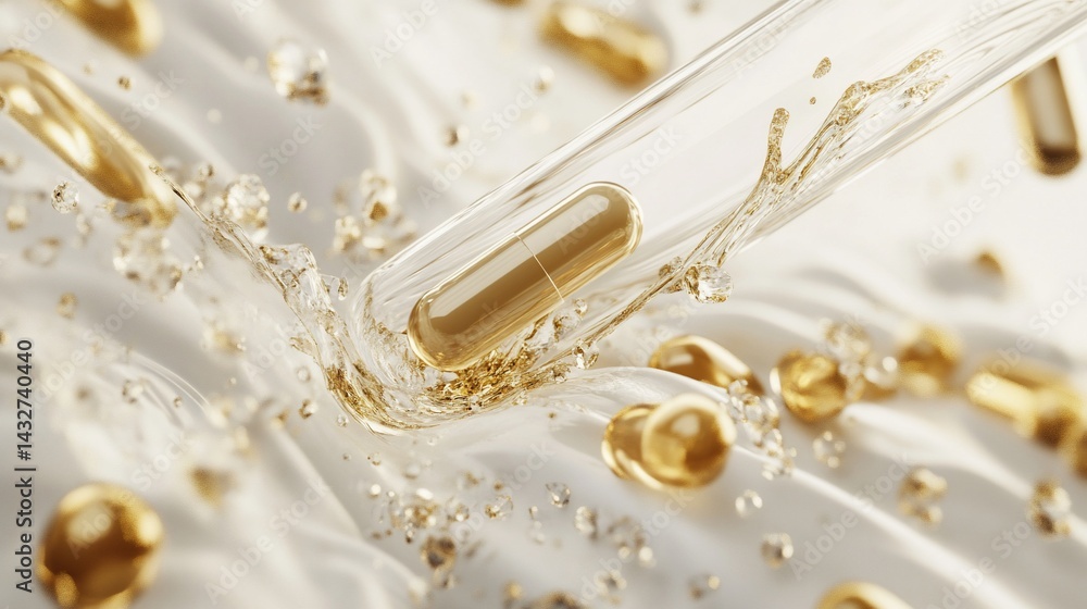 Capsules splash in water on fabric, abstract modern still life on white Capsules splash in water on fabric, abstract modern still life on white