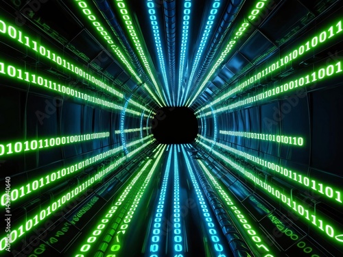 Digital tunnel of glowing binary code in shades of blue and green