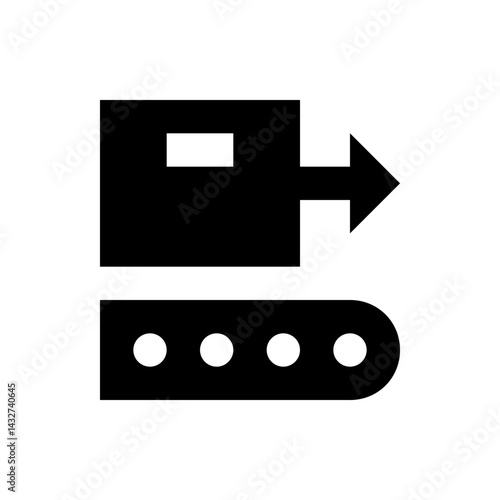 Black conveyor belt with a right arrow and a rectangular shape on top in a simple graphic icon style