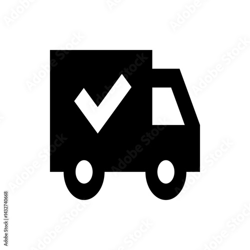 Black delivery truck icon with white check mark indicating completed or approved delivery service icon