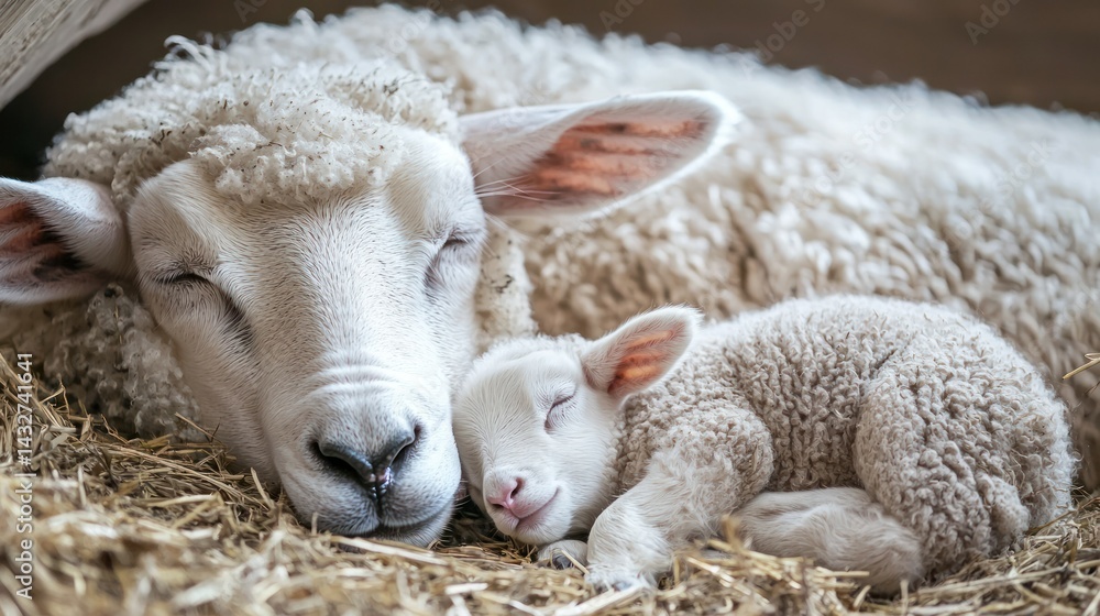 Fototapeta premium A baby sheep sleeping next to its mother in the farmyard