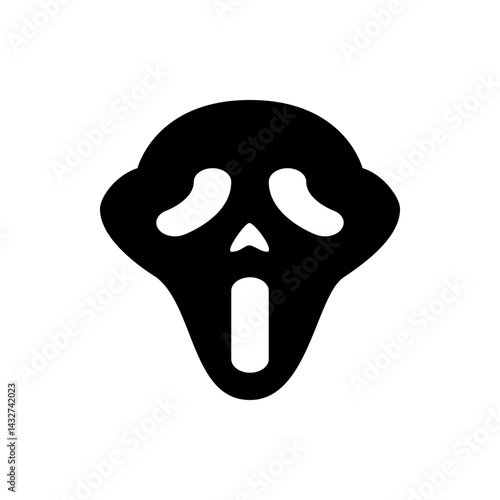 Black and white scream ghost mask with oval eyes and mouth and triangle nose for halloween season icon