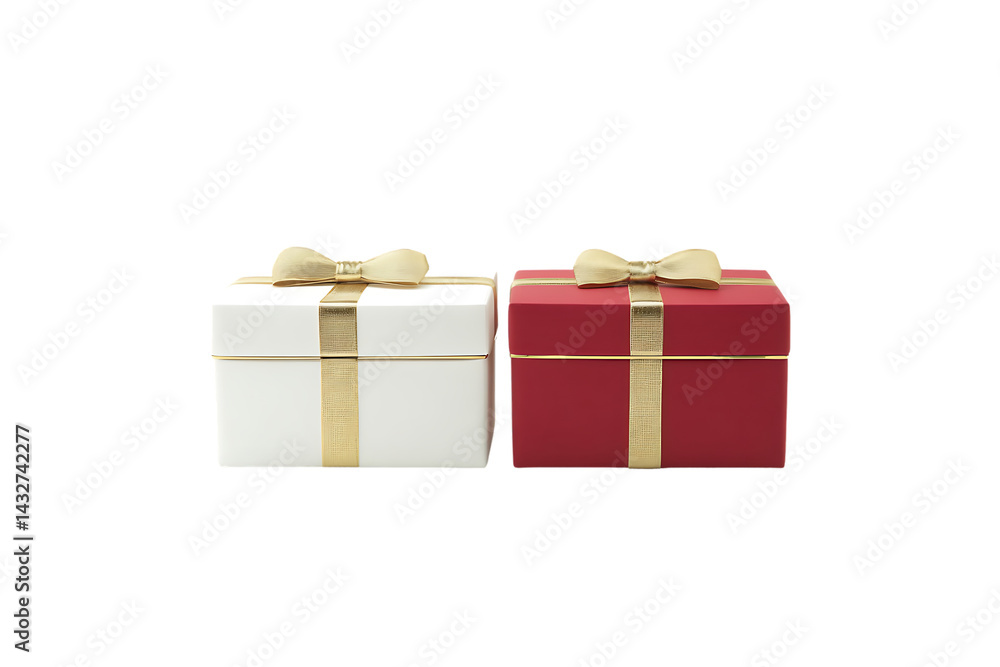 Obraz premium Transparent background white and red gift boxes with gold ribbon and bow