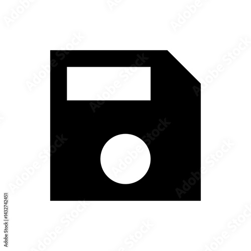 Illustration of a floppy disk with a square cutout and a circular center hole in black and white color scheme