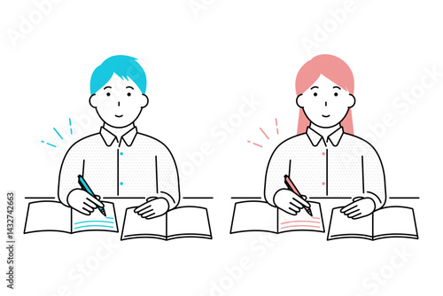 資格所得やスキルアップなどのために勉強をする若い男性と女性のイラスト
