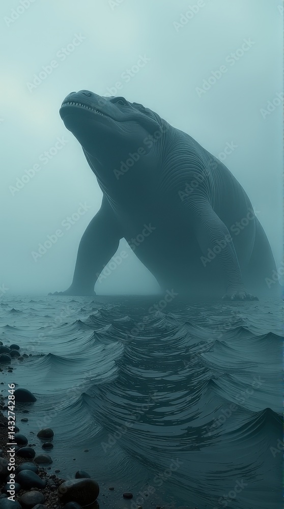 Naklejka premium Giant dinosaur emerges from misty ocean waves. leviathan cross