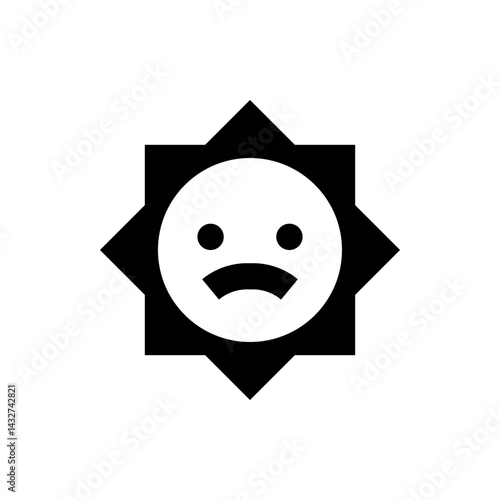 Black and white sad face emoticon inside a starburst shape with a downturned mouth expression shown