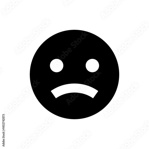 Black circle with two white circles as eyes and a curved white line as a sad mouth expression face icon
