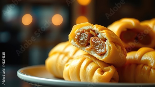 Obraz na płótnie Golden baked buns, sweet filling w salonie