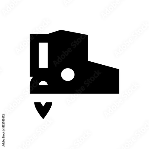 An abstract representation of a truck with a trailer and a downward arrow in solid black color scheme art