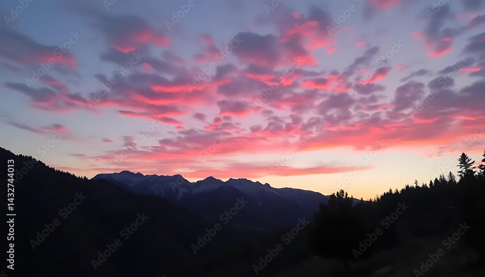 Fototapeta premium Majestic mountains and a vibrant sky create a serene and breathtaking landscape