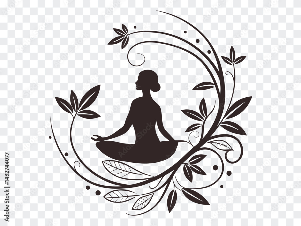 Yoga woman silhouette with floral swirl design on transparent background. Ideal for wellness, meditation, or holistic themes. Elegant vector for spa, natural lifestyle, or calm branding visuals.