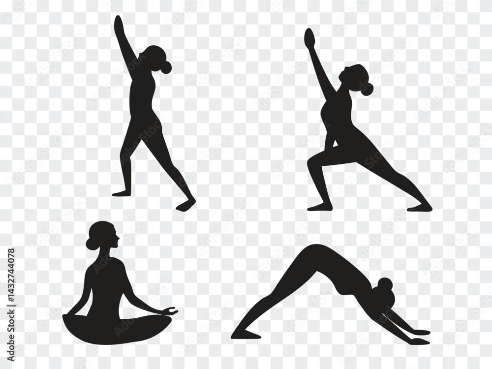 Set of yoga poses silhouettes featuring women in stretching, balancing, and meditative positions on transparent background. Perfect for fitness, wellness, or lifestyle design projects.