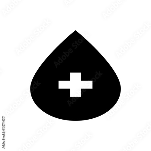 Black drop with a white plus sign in the center representing health or medical related concept symbol