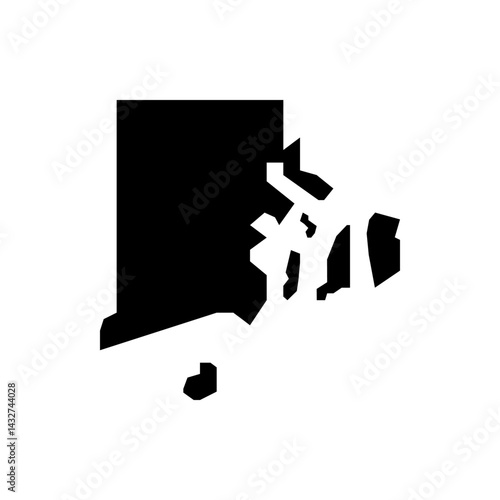 Black silhouette of rhode island state with jagged coastline and small island in the bottom left corner