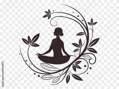 Obraz na płótnie Yoga woman silhouette with floral swirl design on transparent background. Ideal for wellness, meditation, or holistic themes. Elegant vector for spa, natural lifestyle, or calm branding visuals. w salonie