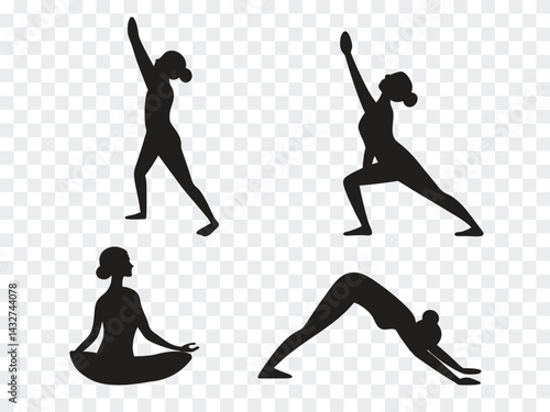 Obraz na płótnie Set of yoga poses silhouettes featuring women in stretching, balancing, and meditative positions on transparent background. Perfect for fitness, wellness, or lifestyle design projects. w salonie