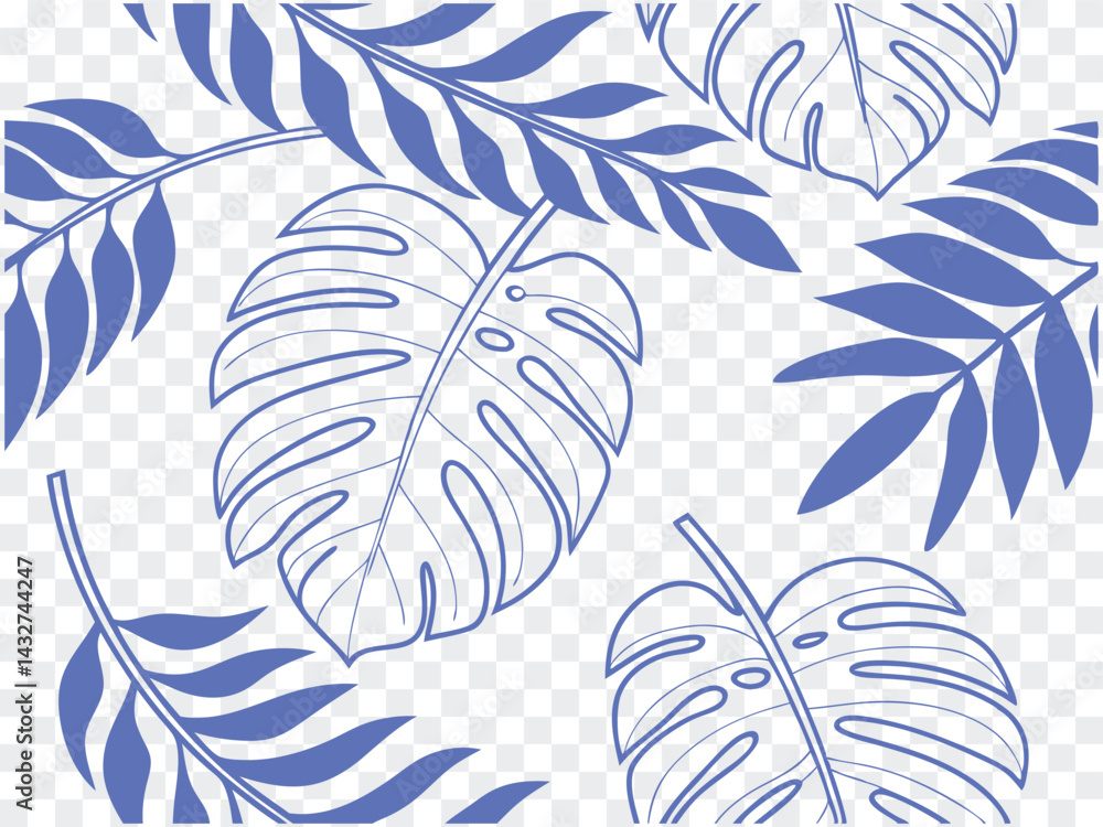 Seamless blue tropical leaf pattern with palm elements on transparent background. Ideal for summer designs, textiles, and digital prints. Clean vector foliage illustration.