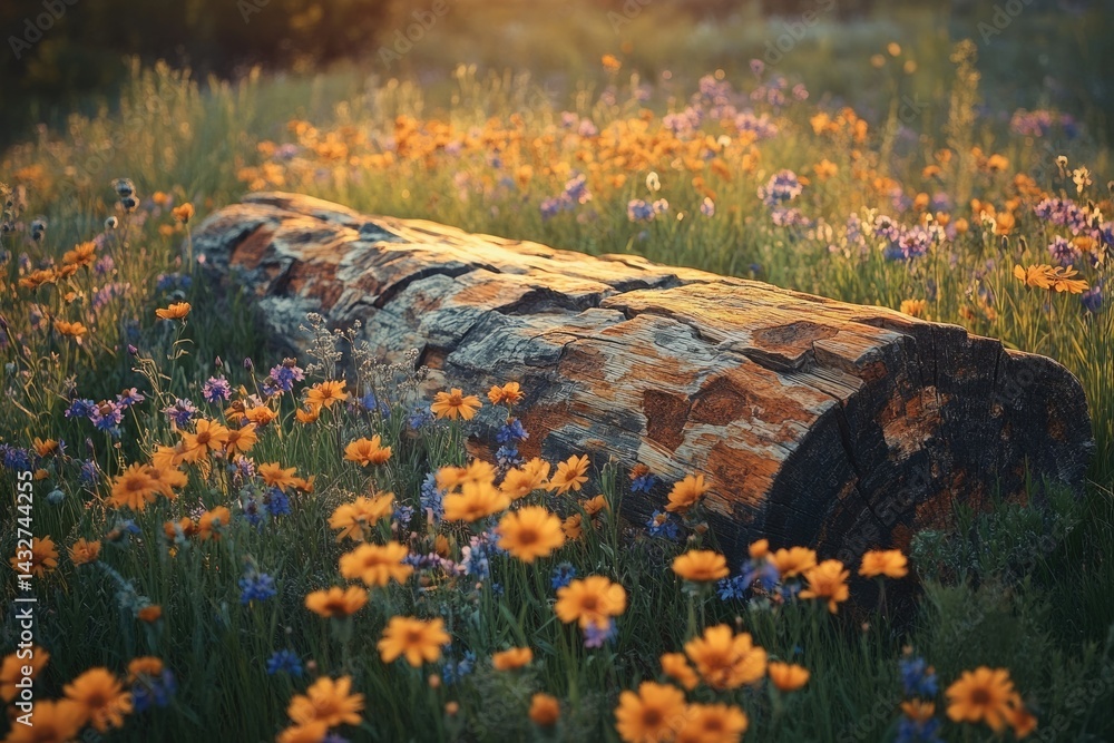 Naklejka premium A sunlit log rests amidst a vibrant field of wildflowers, creating a serene and picturesque scene.