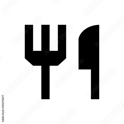 Graphical representation of a fork and knife in black silhouette on a white background in simple design