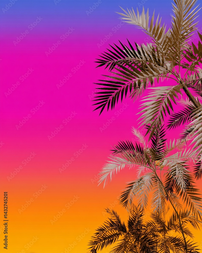 Colorful Sunset Sky with Tropical Palm Leaves Backdrop in Vibrant Pink and Orange Hues