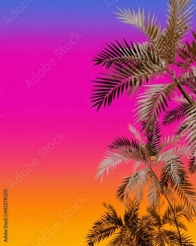 Obraz na płótnie Colorful Sunset Sky with Tropical Palm Leaves Backdrop in Vibrant Pink and Orange Hues w salonie