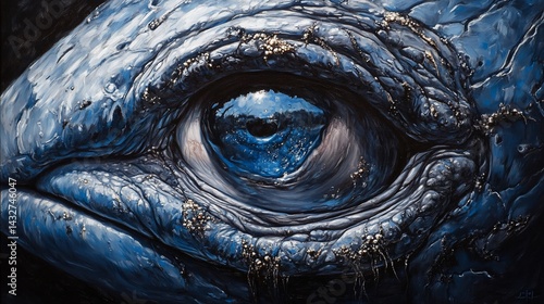 Close-up of a large, blue creature's eye staring out with a dark, textured background