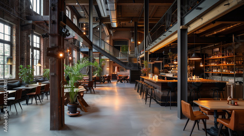 Industrial warehouse with concrete floors and steel beams  showcasing raw urban aesthetics and depth.