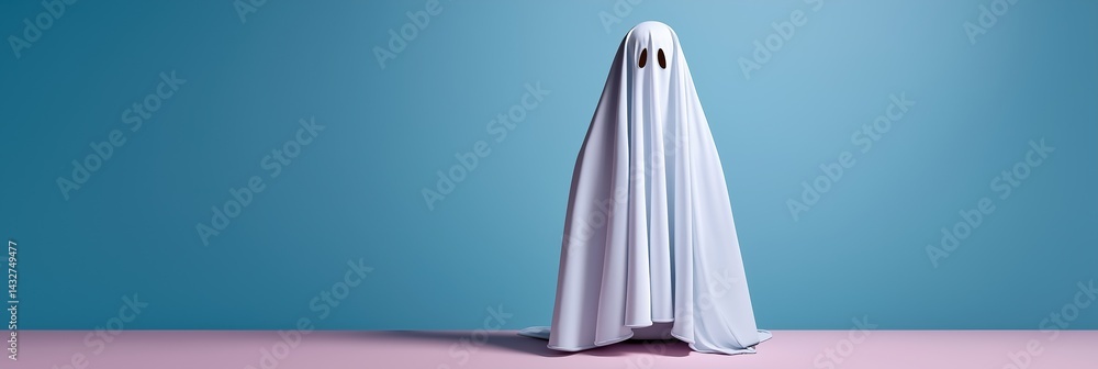 A ghostly figure stands in front of a blue background. The ghostly figure is wearing a white sheet and he is looking at the camera. Scene is eerie and mysterious