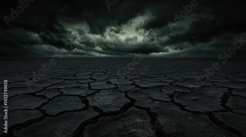Dramatic dark landscape photography of cracked earth under a stormy sky. Perfect for illustrating concepts of drought, climate change, or dystopian themes.