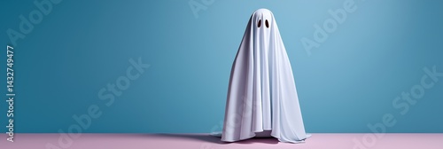 Obraz na płótnie A ghostly figure stands in front of a blue background. The ghostly figure is wearing a white sheet and he is looking at the camera. Scene is eerie and mysterious w salonie